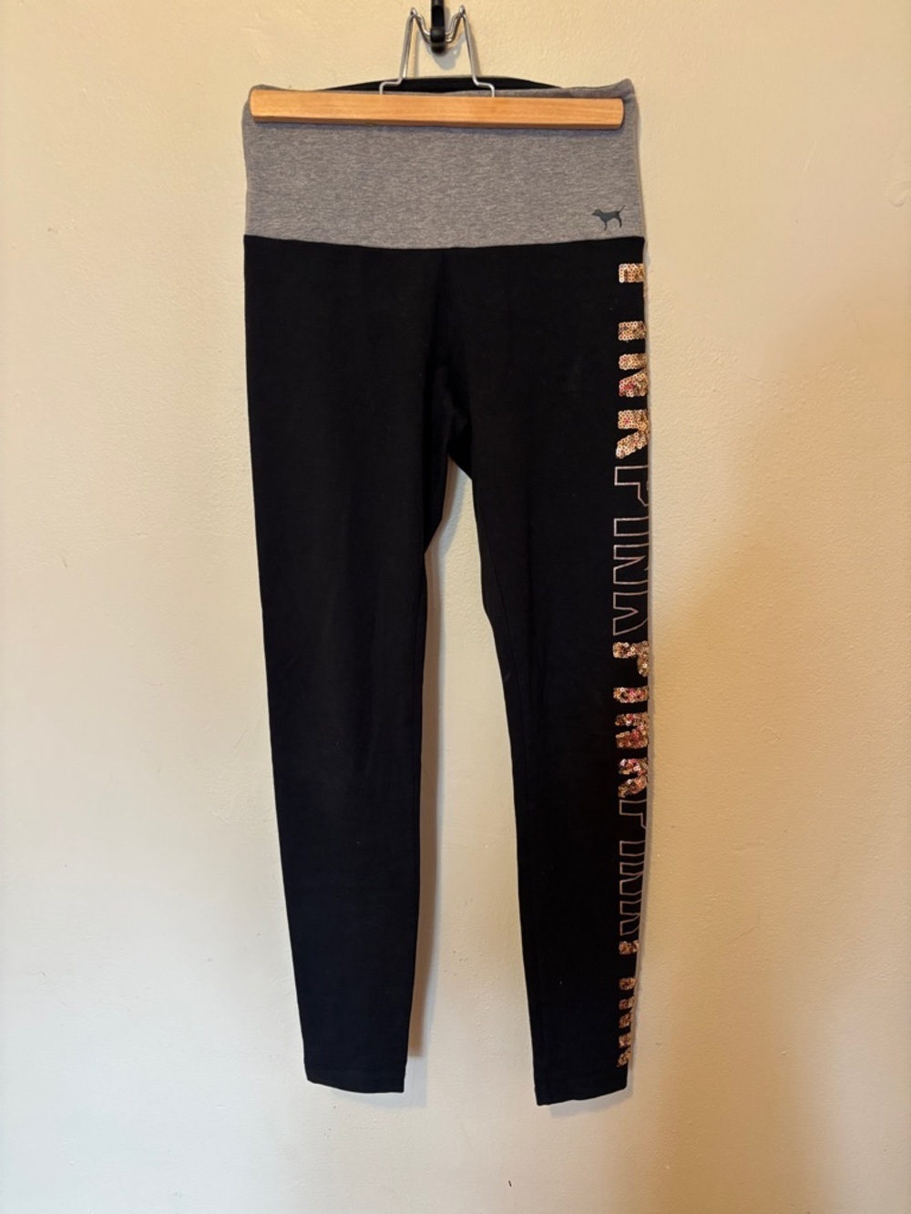 PINK Victoria's Secret Black Leggings with Heather Gray Fold-Over Waistband